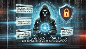 A cybersecurity-themed image illustrating tips and best practices for recognizing and defending against clone phishing attacks. 