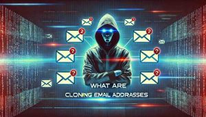 A futuristic cybersecurity-themed image illustrating the concept of cloning email addresses. The image features a hacker-style figure in the background