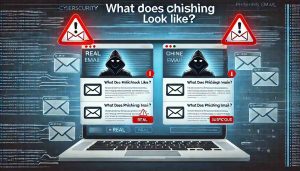 Illustration titled 'What Does Clone Phishing Look Like'. The image features a realistic email inbox on a computer screen